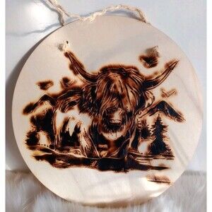 Handmade Highland Cow Home Decor Wood Burnished 11 3/4" Plaque Wall Hanging New